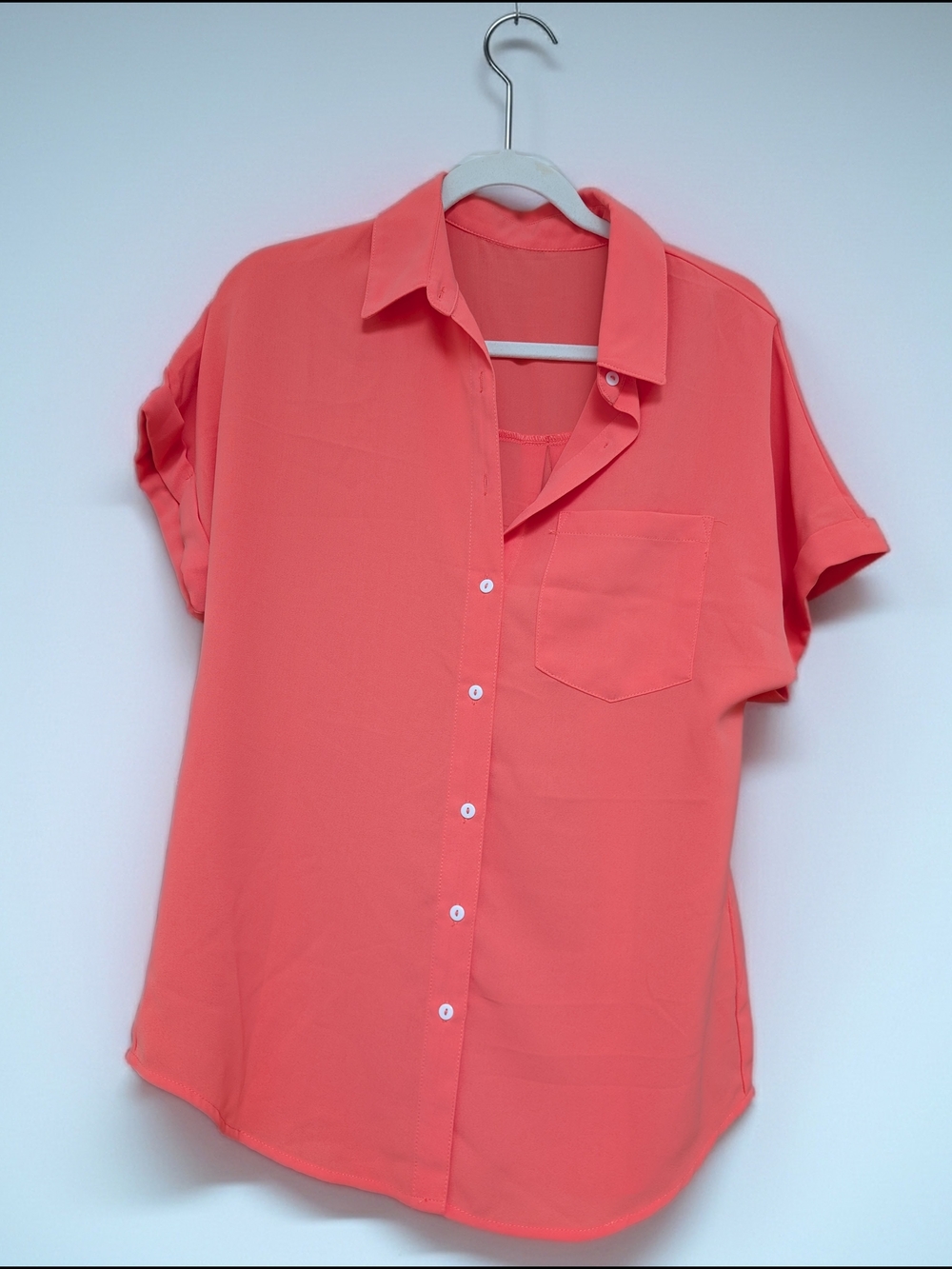 Coral Button-Up Short Sleeve Blouse